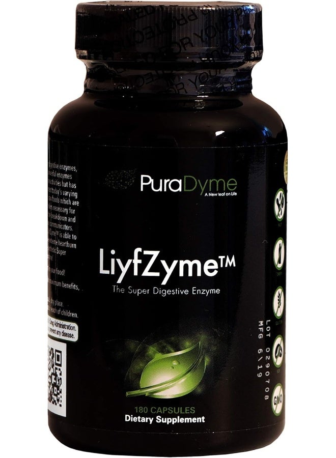 PuraDyme Liyfzyme Plant Based Digestive Enzyme Supplement - 180 Veggie Caps - Image 1